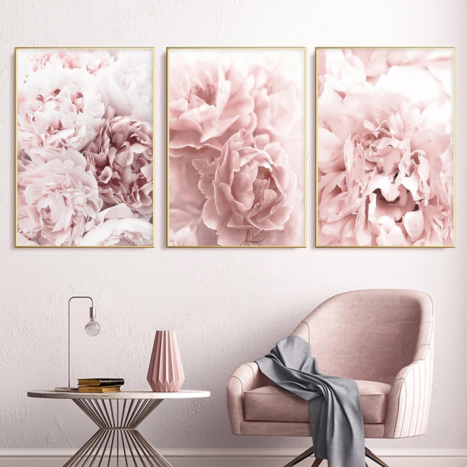 BACKYMRART Modern Flower Art Prints Pink Peony Poster Light Pink Rose Wall Art Peony Roses Art Canvas Painting Girls Bedroom Decor Flowers Canvas Wall Art for Living Room Decor 16x24in3 No Frame Pink,Rose 16x24inx3 Unframed