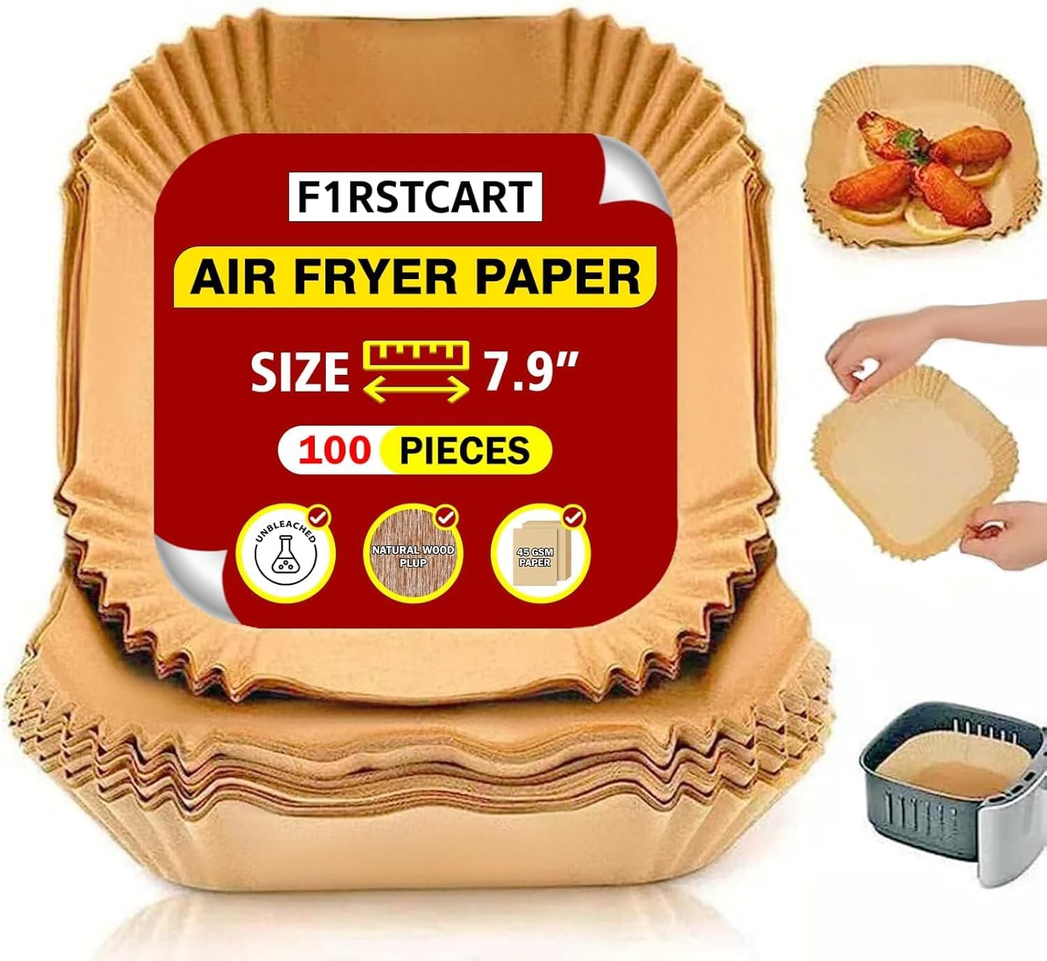F1RSTCART 100Pcs Disposable Air Fryer Paper Liner - Non-Stick Parchment Paper box Square, Microwave Paper for Baking, Non-Stick, Oil-Proof (7.8 inch/20cm)
