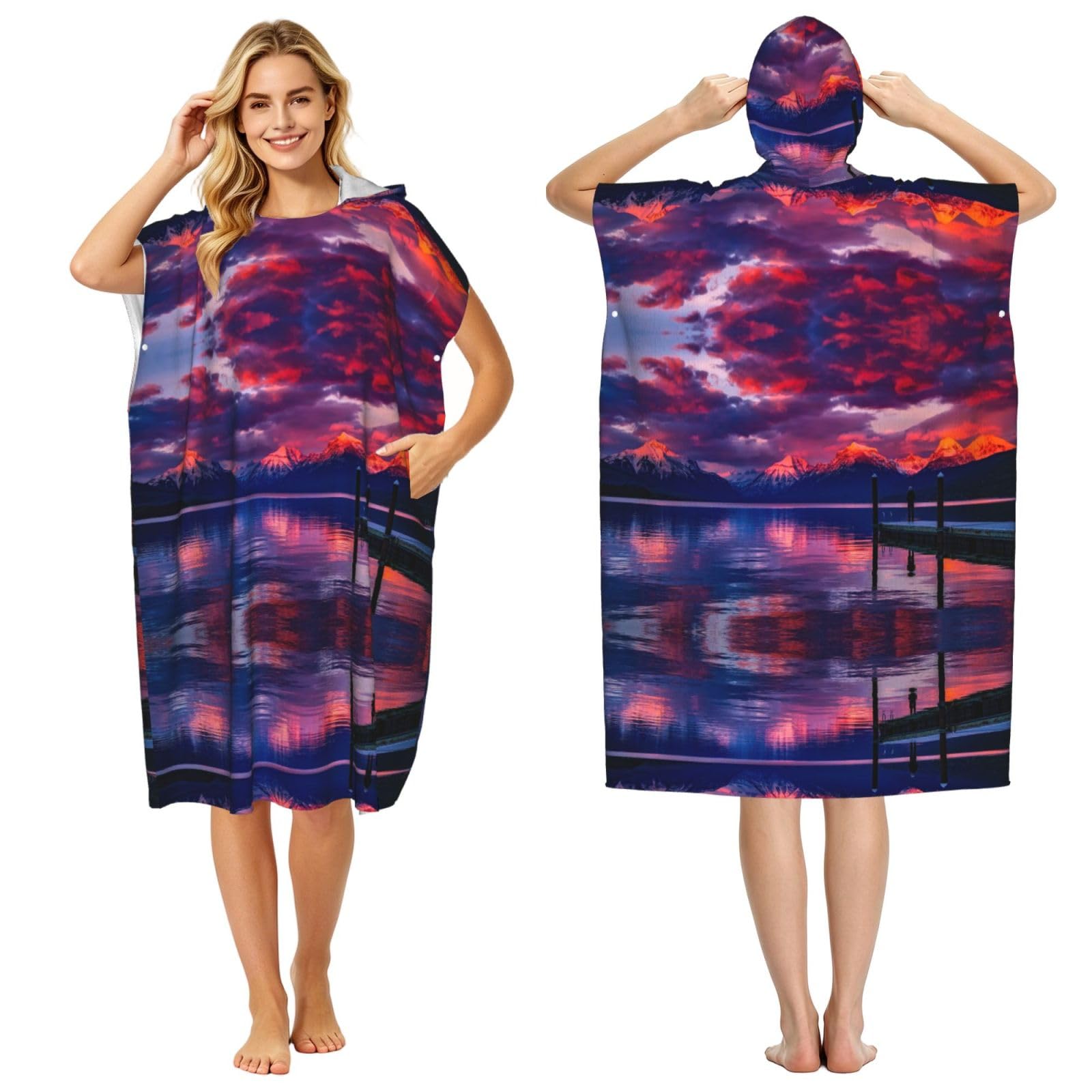 EZDLOWVBA Beautiful Clouds Print Hooded Poncho Microfiber Beach Towel,Adult Women & Men Changing Robe,Lightweight Summer Surf Swim Bath Poncho Towel