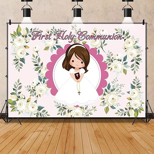 Leyiyi Telón de fondo de fiesta de primera comunión de 8 x 6 pies para niña, bautismo, fiesta, bautizo, fotografía, fondo rústico, flores florales,