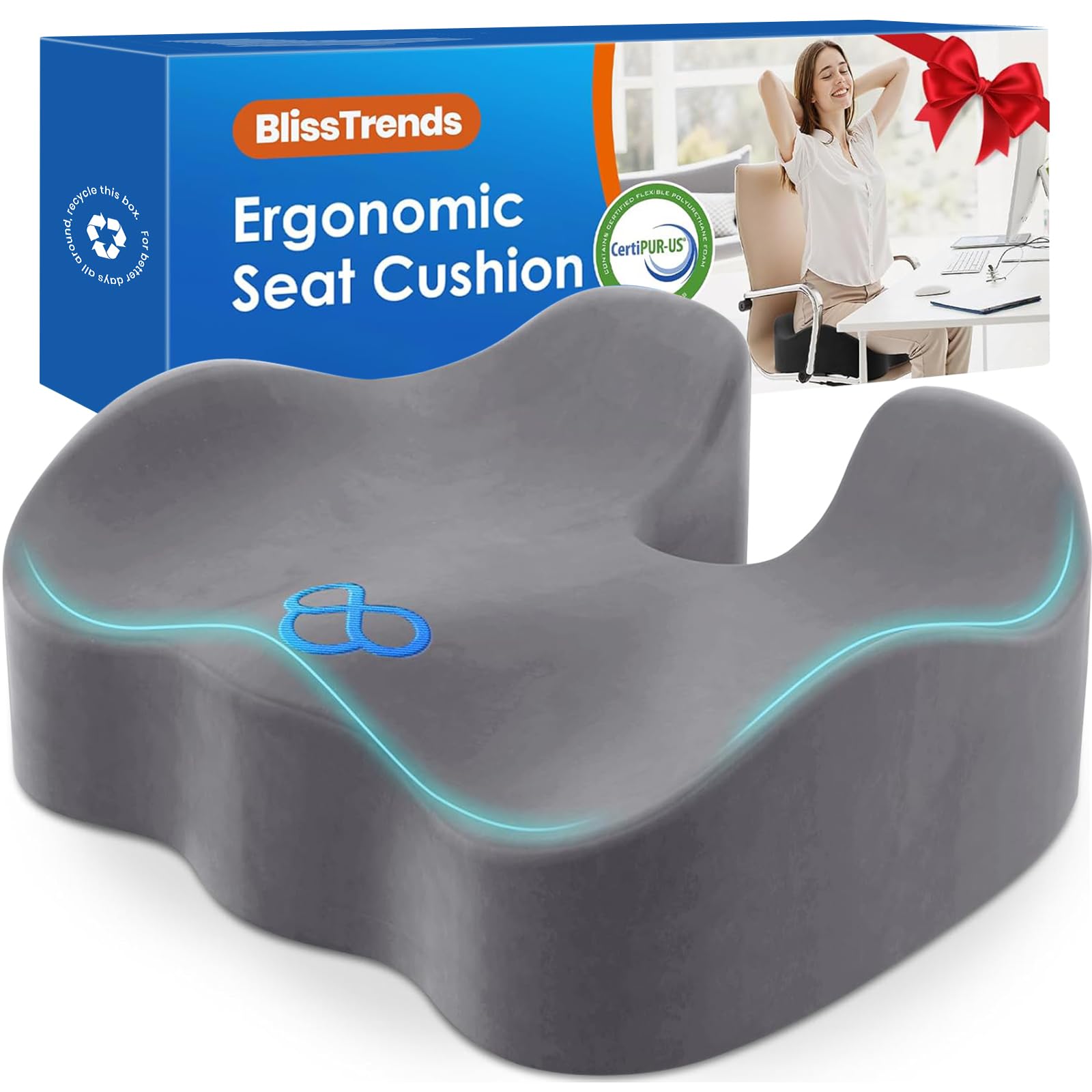 BlissTrends Extra Thick Seat Cushion for Office Chair & Car Seat,LightGrey | Tailbone & Sciatica Relief, Ergonomic Support, High-Density Memory Foam, Comfort for Extended Sitting Light Grey XXLarge