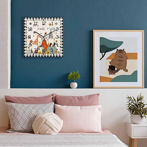 Miniatura 3 de Thanksgiving Gnomes Wooden Wall Clock Silent Non Ticking, Fall Pumpkins Black Plaid Square Wall Clock Battery Operated, Decor Clock for Home Office,