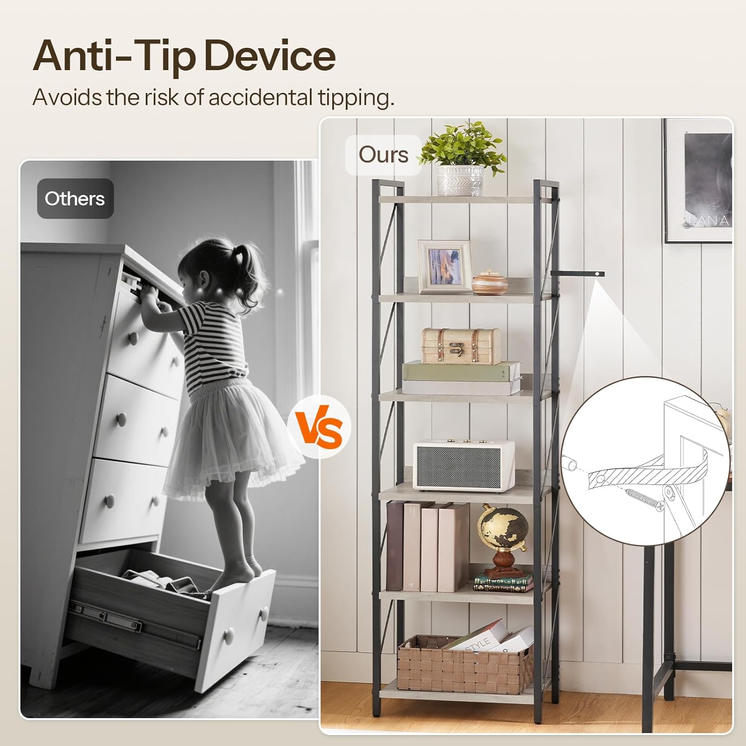 HOOBRO Computer Desk and Bookshelf Bundle, Home Office Desk with Power Outlet, 6-Tier Industrial Bookcase, Study Writing Desk with 3 Hooks for Home Office, Charcoal Gray and Black BC40UDN01-BG72SJ01