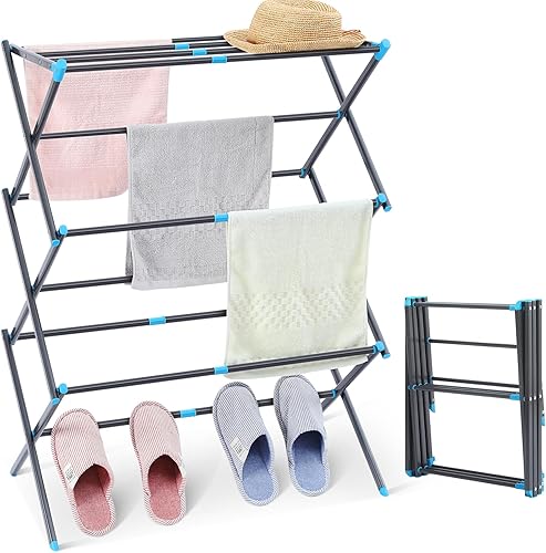 TOOLF Expandable Clothes Drying Rack, Mteal Laundry Drying Rack, 3-Tier Collapsible Clothing Dryer, Adjustable Towel Rack for Air Drying Clothing,
