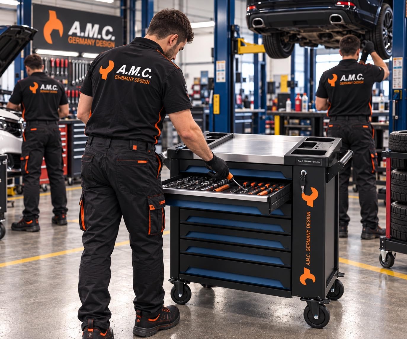 A.M.C. Carrello porta attrezzi completo di utensili con ruote e struttura rinforzata 7 cassetti Pieni di attrezzi professionali 256 pezzi di utensili Strumenti e minuteria inclusi Chiave Dinamometrica