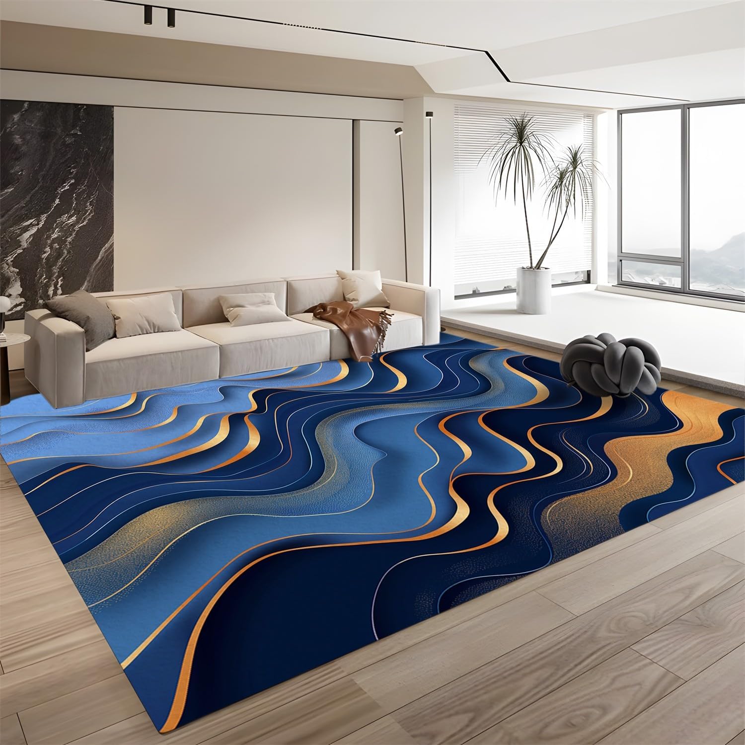 Machine Washable Area Rug 2 x 3 ft, Blue and Gold Wavy Lines Rugs for Living Room Non-Slip Soft Low Pile Carpet Rug for Bedroom Bedside Dining Room Nursery Hardwood Floor Decor