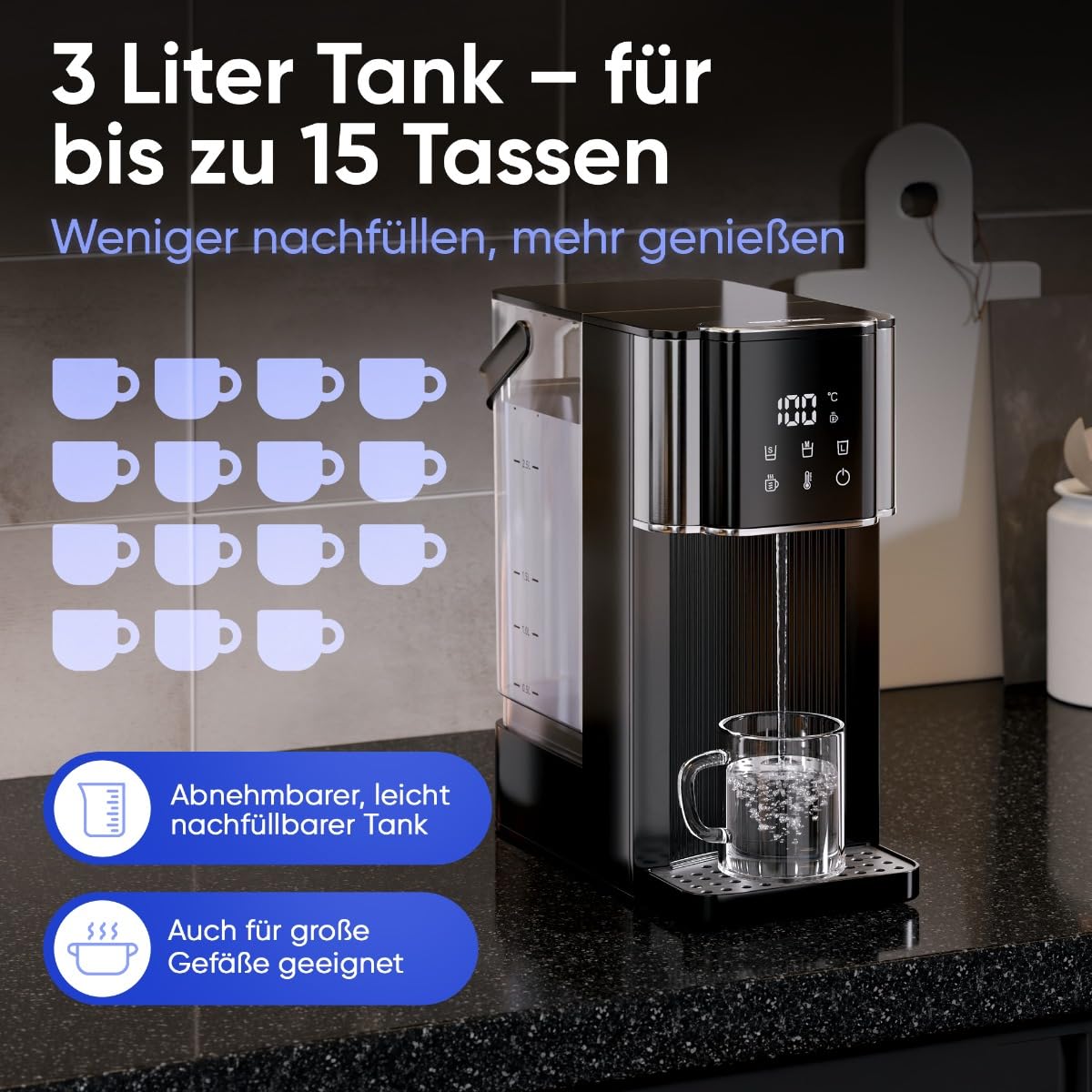 ProfiCook® Heißwasserspender | 100°C in 3 Sek. | 7 Temperaturstufen | Babynahrung geeignet | 40-100 °C | Teekocher mit Temperatureinstellung | 3L Tank | Quick Select | Sensor Touch | PC-HWS 1320