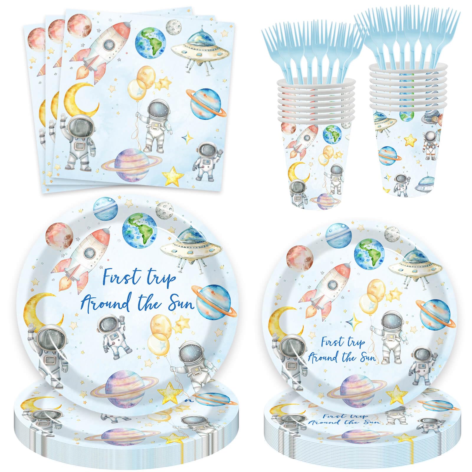 100 Pcs Outer Space 1st Birthday Party Supplies - Space First Trip Around The Sun Plates Napkins Forks Paper Cups for Space Galaxy Astronaut Theme