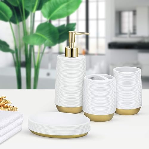 Miniatura 2 de TONIAL Bathroom Accessories Gift Set, Bathroom Decor Set 4 Piece White-Queen Gold with SoapLotion Dispenser, Toothbrush Holder, Soap Dish, Tumbler