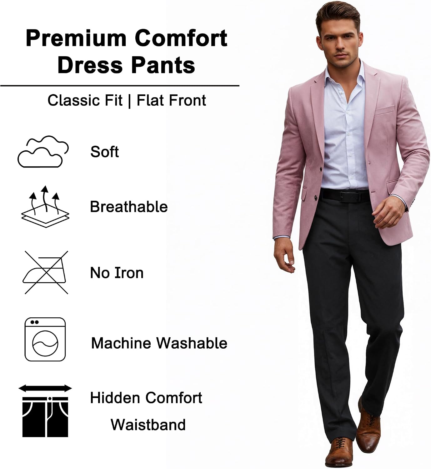 Mens Dress Pants Classic Fit Flat Front Hidden Expandable Waist No Iron Wrinkle Free Business Casual Formal Work to Weekend