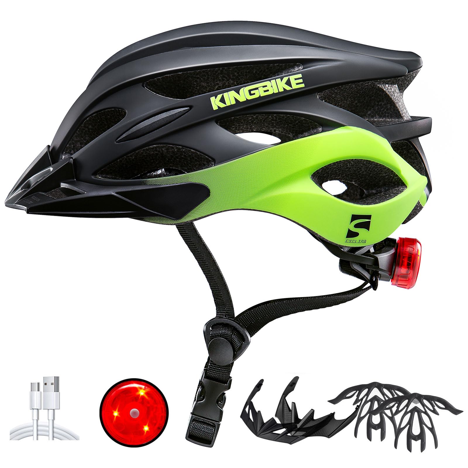 KINGBIKE Bike Helmet for Adult Men Women Youth Road Commute Mountain Cycling Helmets with USB Rechargeable Light Replaceable Padding and Visors