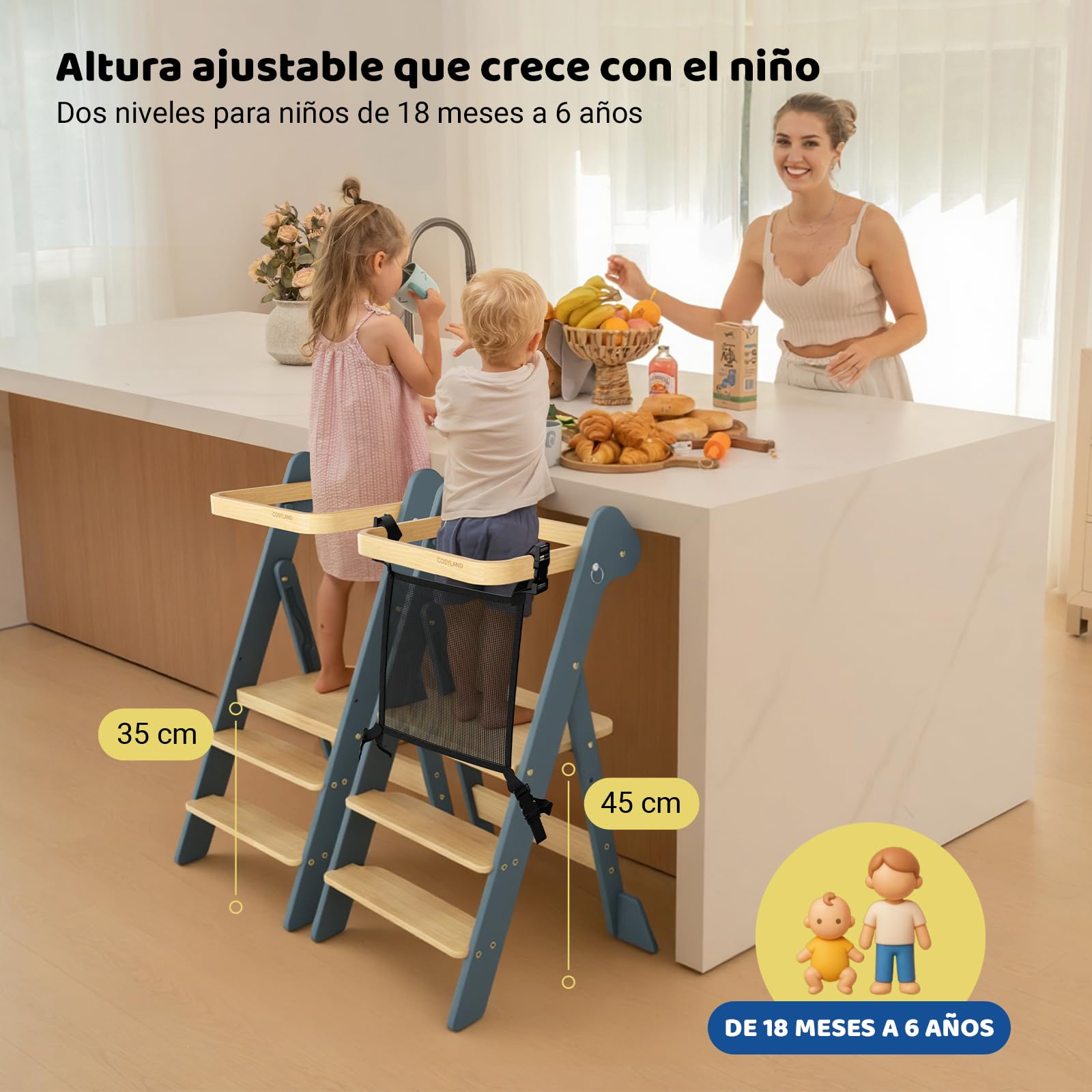 COSYLAND Torre de Aprendizaje Montessori de Madera Plegable Desde 1 Año – Ganadora del Premio iF Design, con Red de Seguridad y Altura Ajustable, Ideal para Cocina y Baño (Azul Pizarra y Natural)
