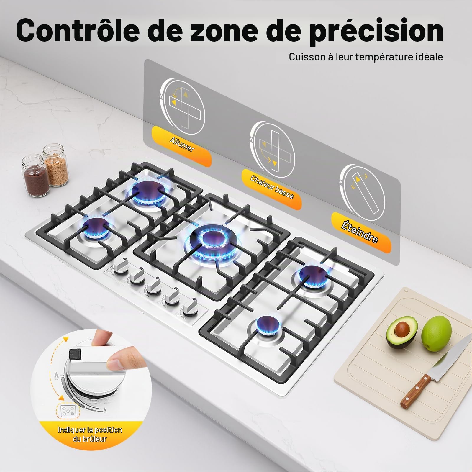 Table Cuisson Gaz 5 Feux, Plaque Encastrable, Cuisinière Professionnelle, Acier Inoxydable, Protection Sécurité Flamme, Contrôle Indépendant, Pour Restaurant Maison Hôtel