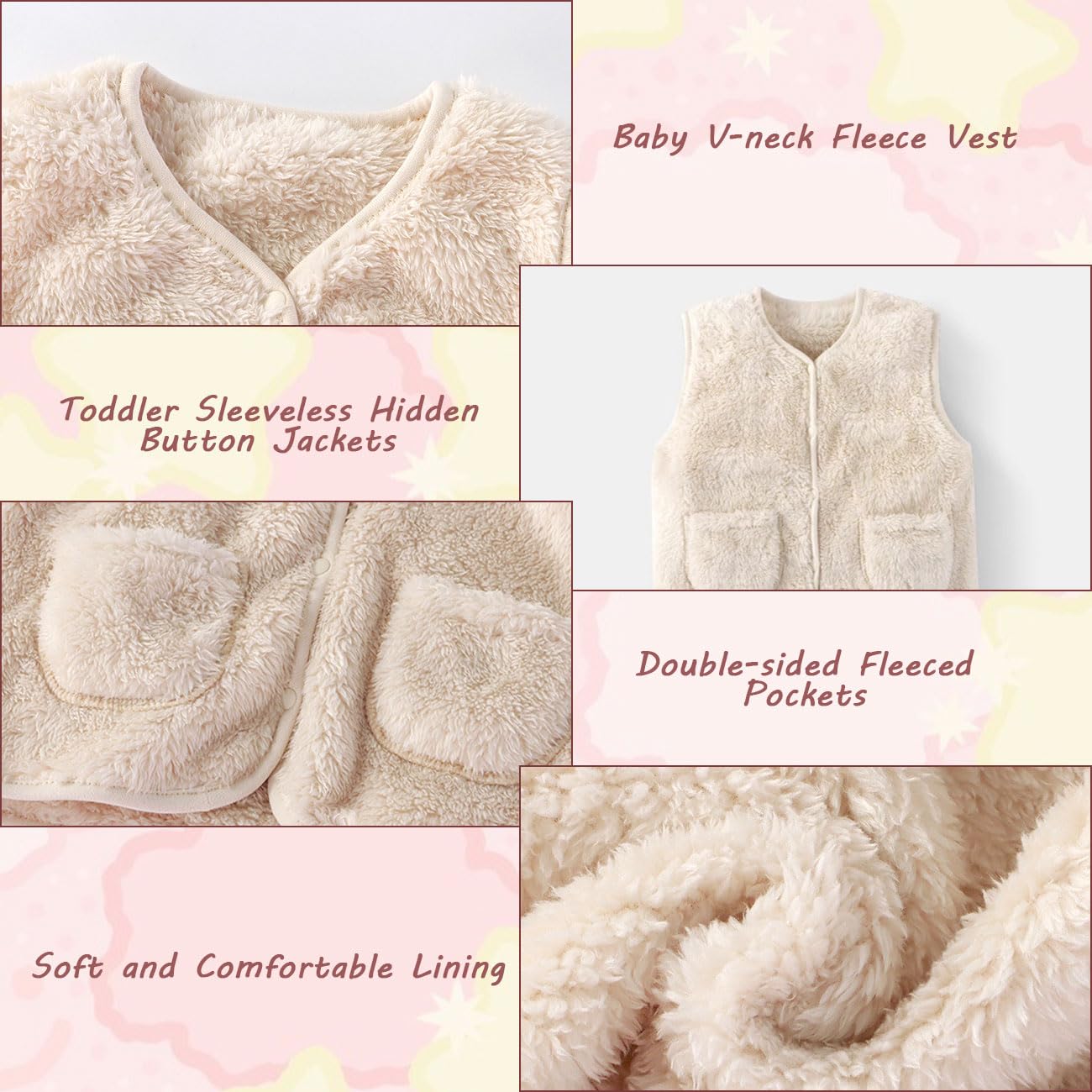 Lindo Bebé Niña Chaleco, Baby Chalecos de Felpa Doble Cara Sin Mangas con Botones a Presión, Bebé Cálido Chaqueta para Otoño, Invierno, Chaqueta Unisex con Bolsillos, Beige/Rosa, 1-7 Años