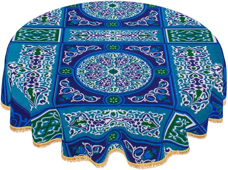 Egyptian Ramadan Decorations Colorful Blue Printed Khayamiya Cotton Linen Tablecloth Cover Top Round 55 Inches 140 cm