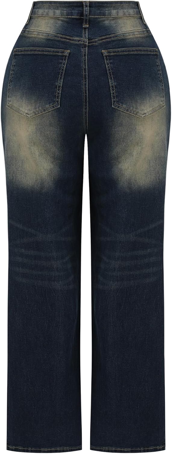THUNDER STAR Womens High Waisted Wide Leg Jeans Stretchy Distressed Denim Pants - Image 3