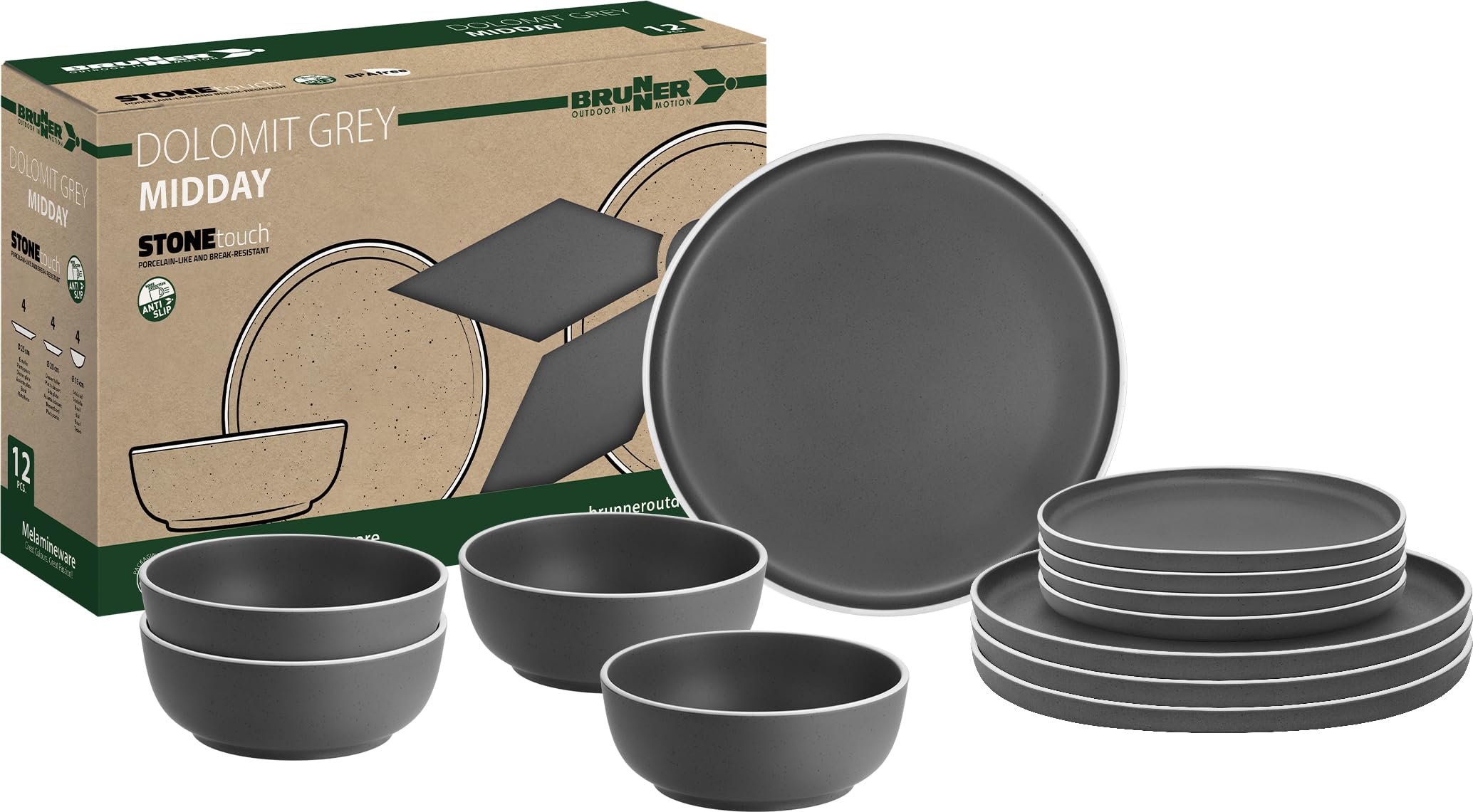 Brunner Dolomit Melamine zestaw obiadowy na kemping, antypoślizgowa zastawa stołowa, lekkie, odporne na pękanie, talerze, miski i kubki, do przyczepy kempingowej, na piknik i kemping, do jadalni