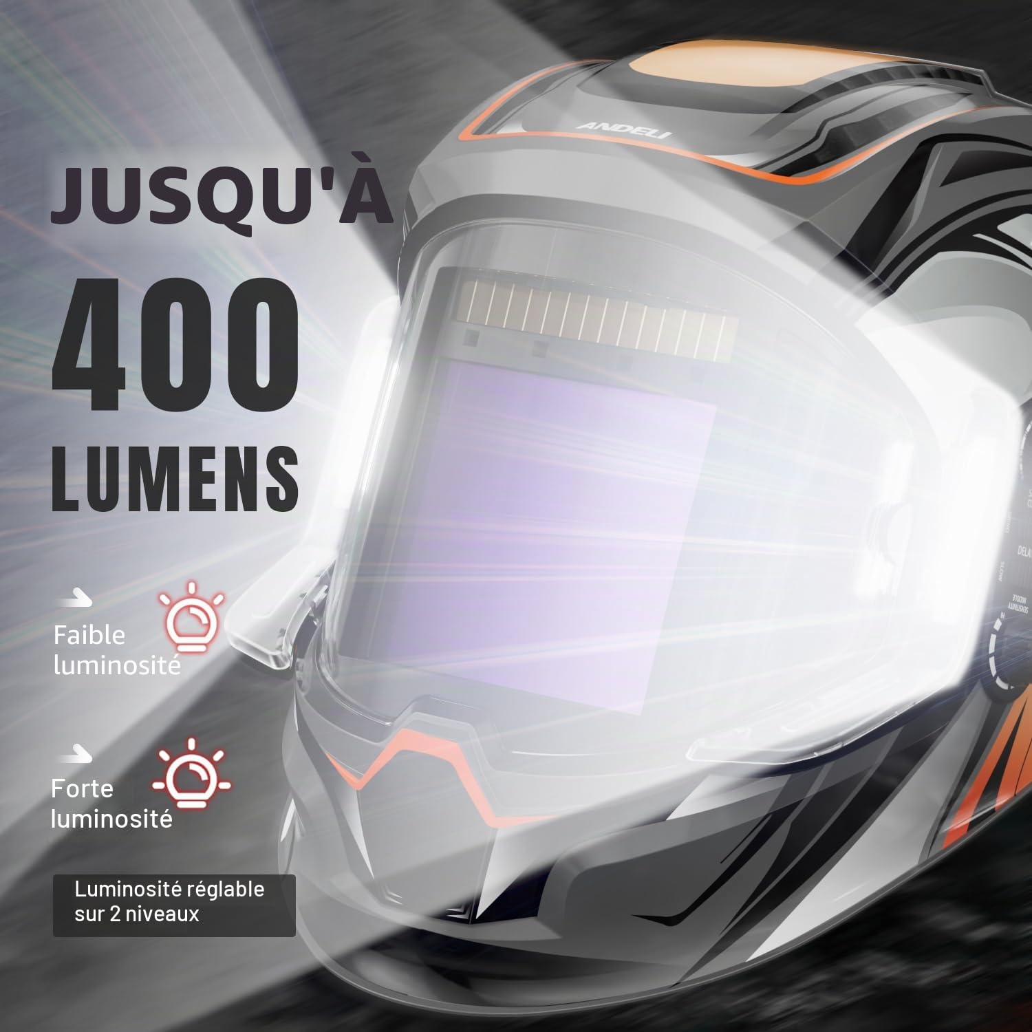 ANDELI Casque de soudage – 180 ° panoramique à 6 capteurs d'arc, True Color, obscurcissement automatique avec lumière et détection de mouvement, batterie rechargeable 2100 mAh pour TIG/MIG/Cut/Grind