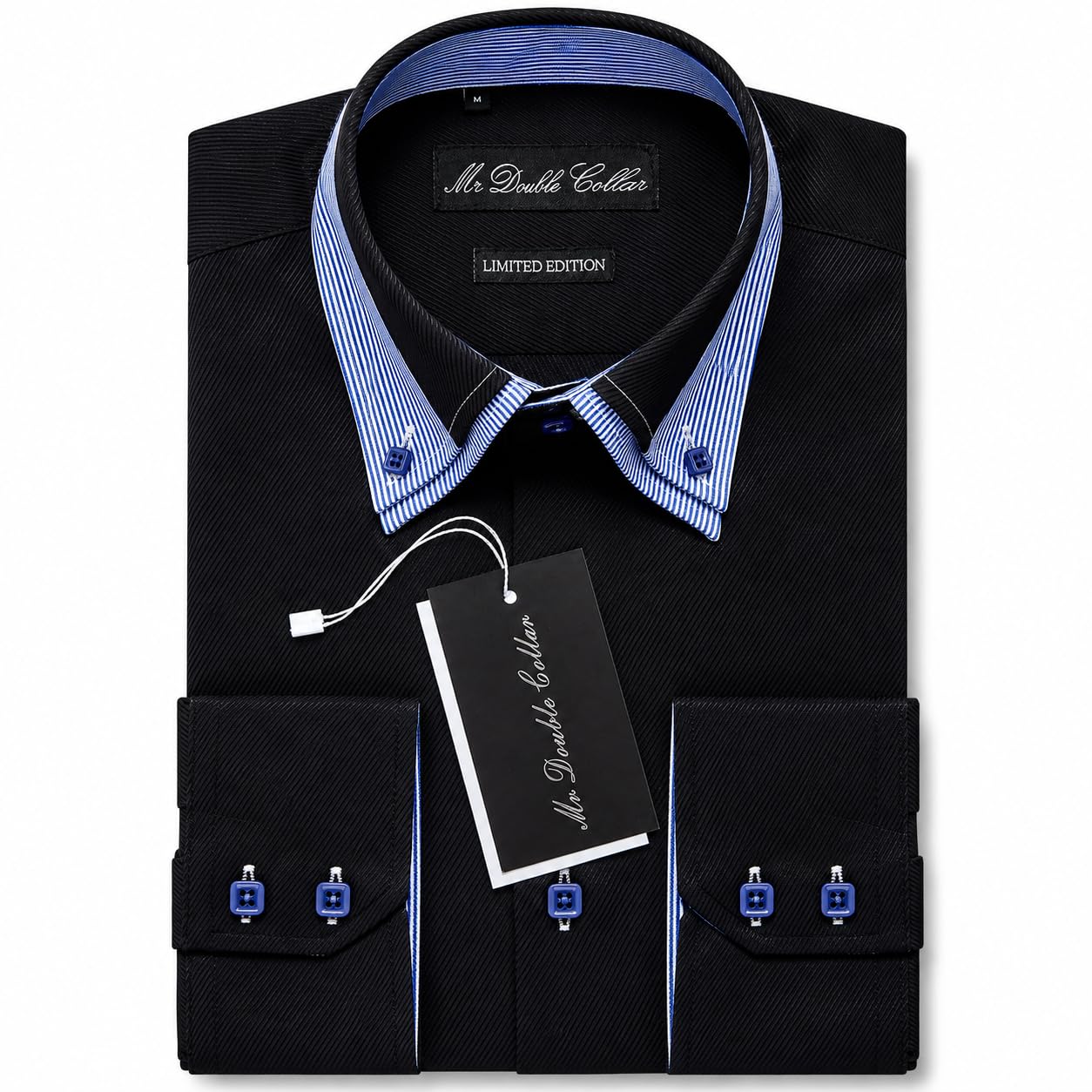 Camicia a maniche lunghe da uomo, design italiano, colore nero con bottoni blu, doppio colletto, elegante, casual, formale, a maniche lunghe