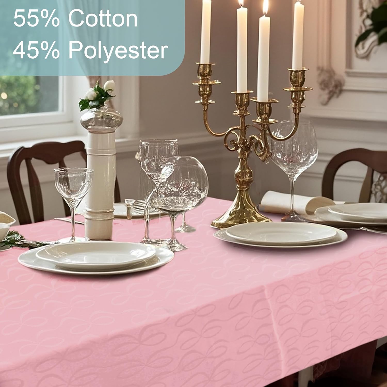 Pink Table Cloths for Dining Table, 1PC 60"x84" Rectangle Tablecloth (Seats 6-8) - Cotton Polyester, Fade Resistant & Washable, Luxury Table Cover for Romantic Dinner & Valentine's Day, Bow Jacquard