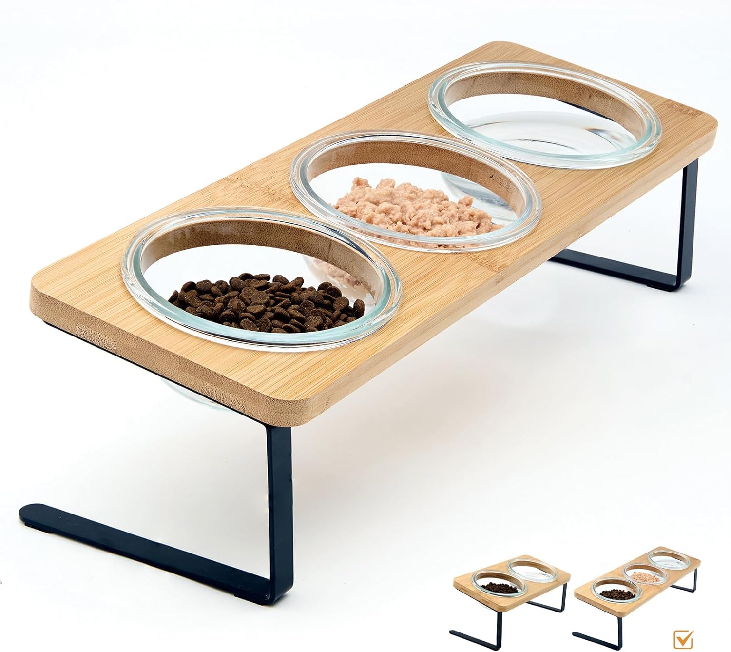 Elevated Cat Bowls, 15° Tilted Cat Food Bowl, Includes 3 Glass Cat Bowls, Bamboo Board, and Metal Stand for Cats and Puppies