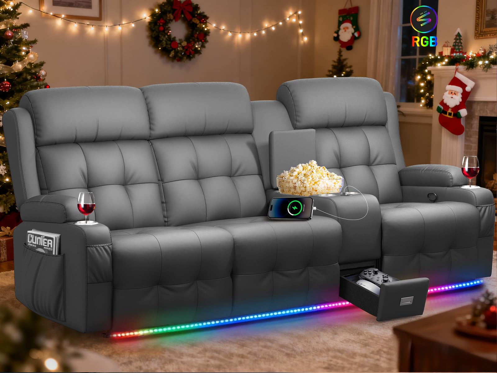 RV Loveseat Recliner Sofa, Home Theater Seating with Console &amp; Massage