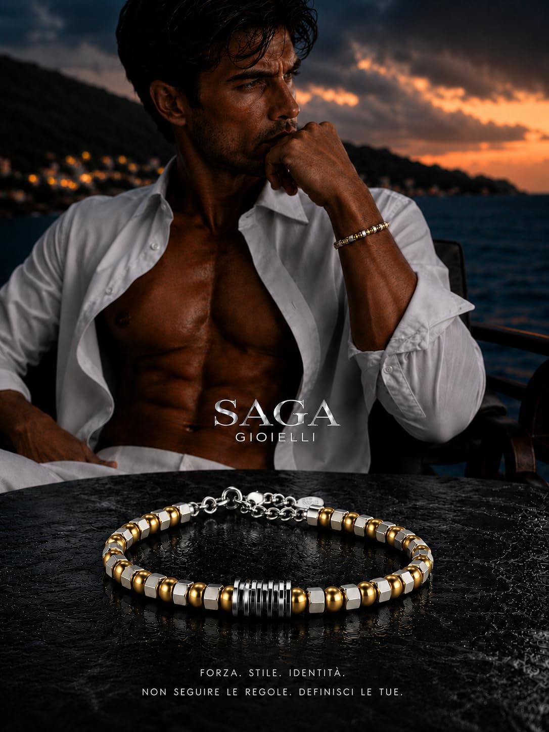 SAGA GIOIELLI Bracciale Uomo in Acciaio Inossidabile – Regolabile 17,5 + 3,5 cm – Design Elegante con Inserti Colorati – Confezione Regalo per Compleanno, Anniversario, Festa del Papà