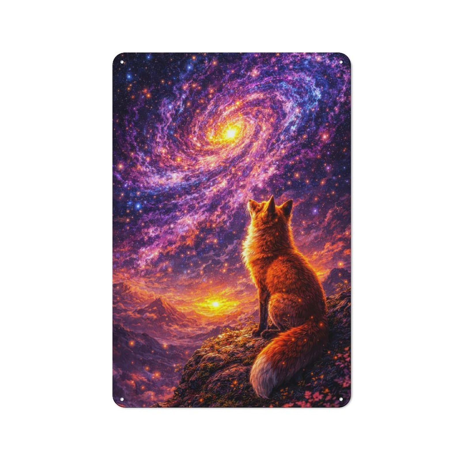 Junmoney Style-12 Tin Wall Plaque 30X20cm With Fox Gazing At A Swirling Galaxy For Home Bar Wall, New-Space Wall Decor For Hosts Who Enjoy Retro Interiors