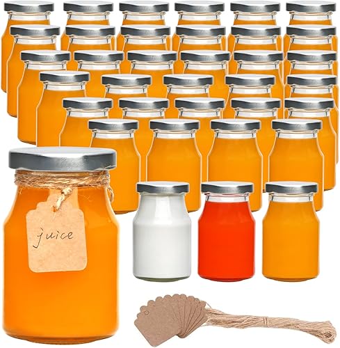 Accguan Botellas de leche de vidrio de 6 onzas, botellas pequeñas de jugo con tapas plateadas, cordel y etiqueta de yute, tarros de vidrio