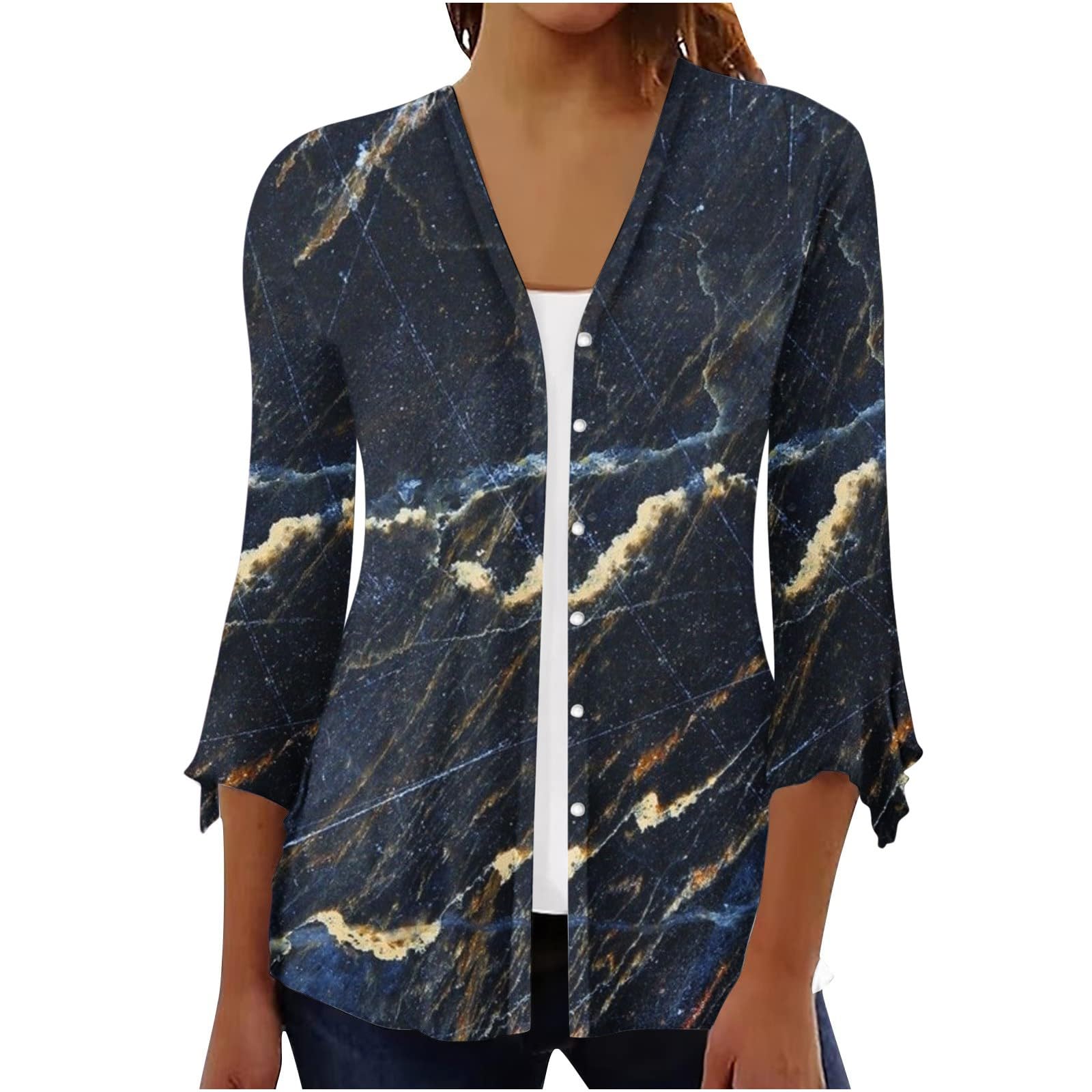 StessotudoOpen Front Cardigan for Women Marble Print Lightweight Thin Coat 3/4 Bell Sleeve Casual Comfy Fall Cardigans 2023