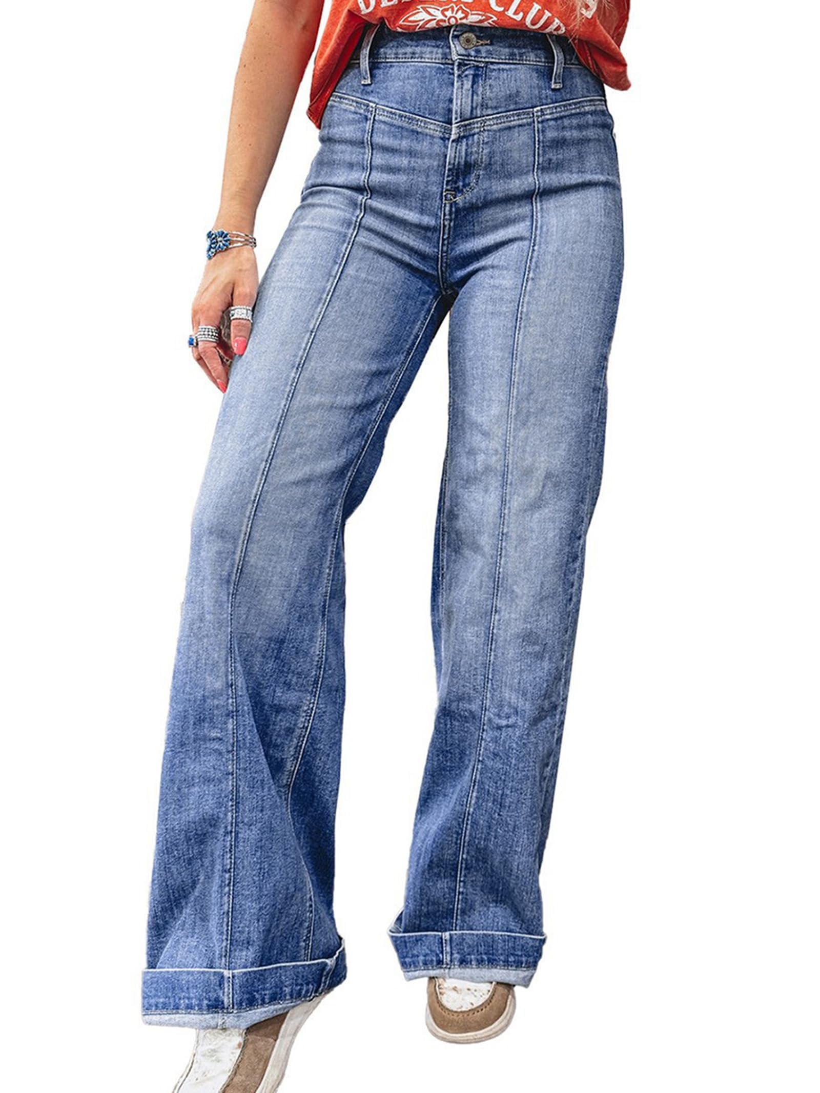 Jeans A Zampa D'elefante da Donna A Vita Alta Strappati dal Taglio Rilassato Jeans Svasati Pantaloni in Denim A Gamba Larga