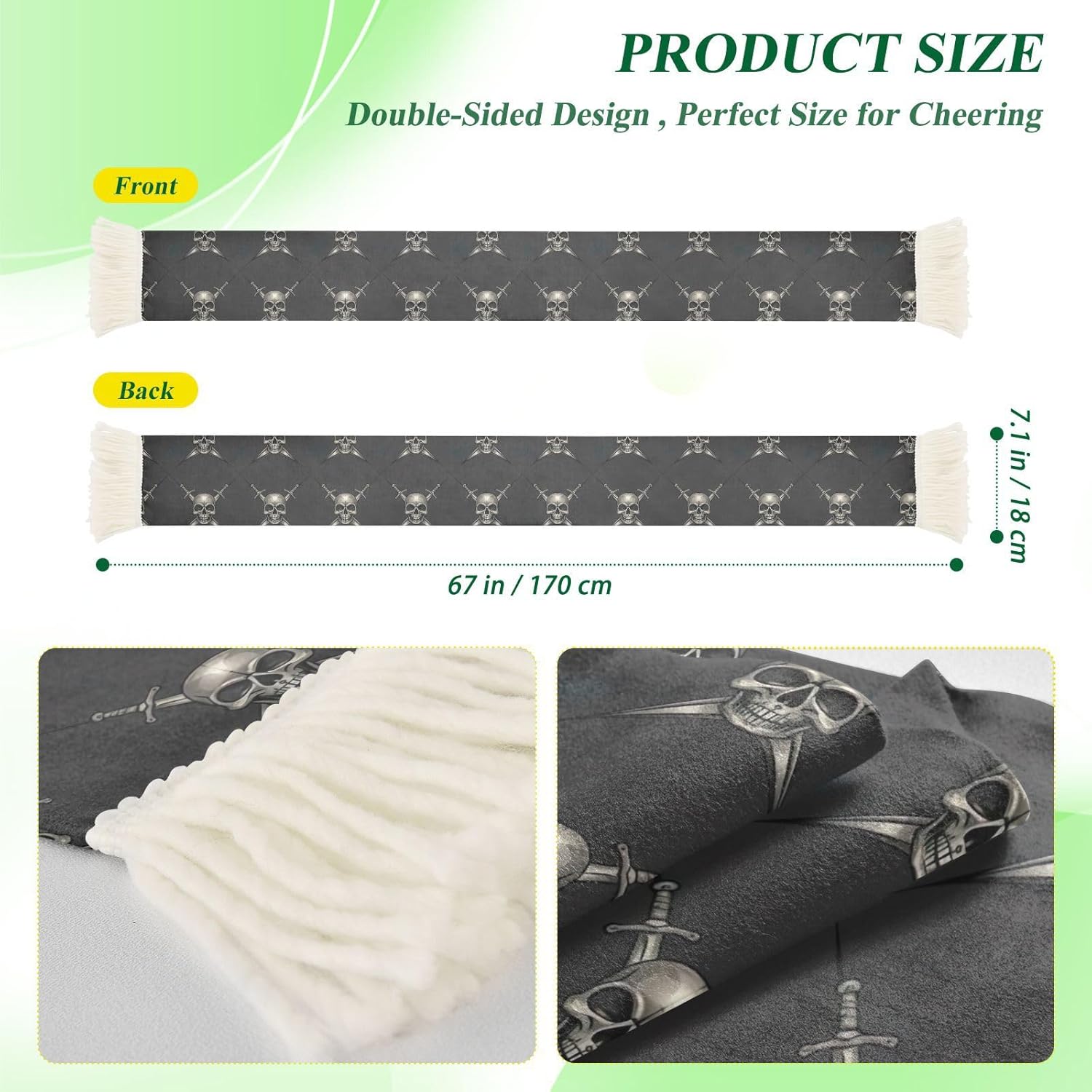 CHIFIGNO Skull Black Sports Fan Scarf for Soccer Game, Soft Quick Dry Polyester, Dual Color, Sweat Wiping, Stadium Banner