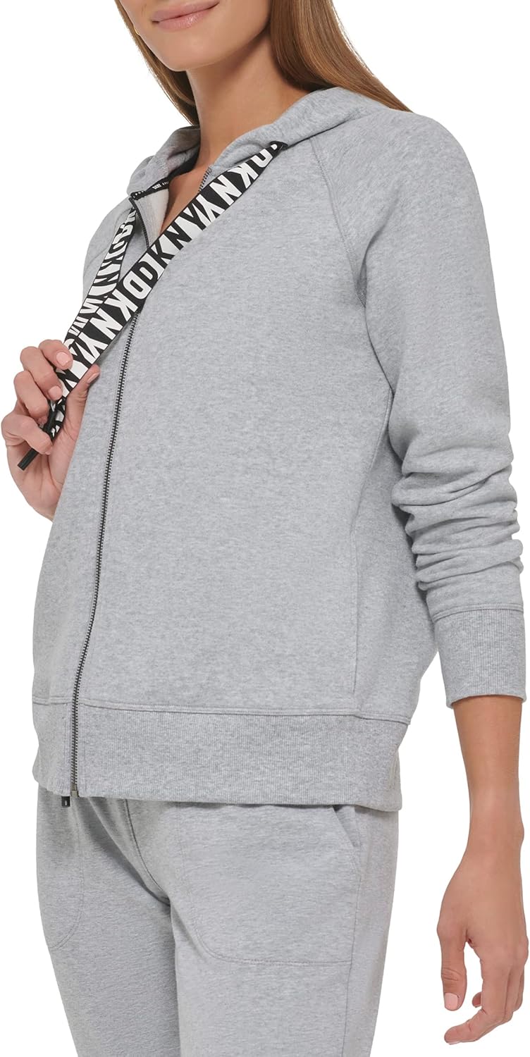 DKNY Women's Two Tone Logo Drawcord Full Zip Hoodie Sweatshirt