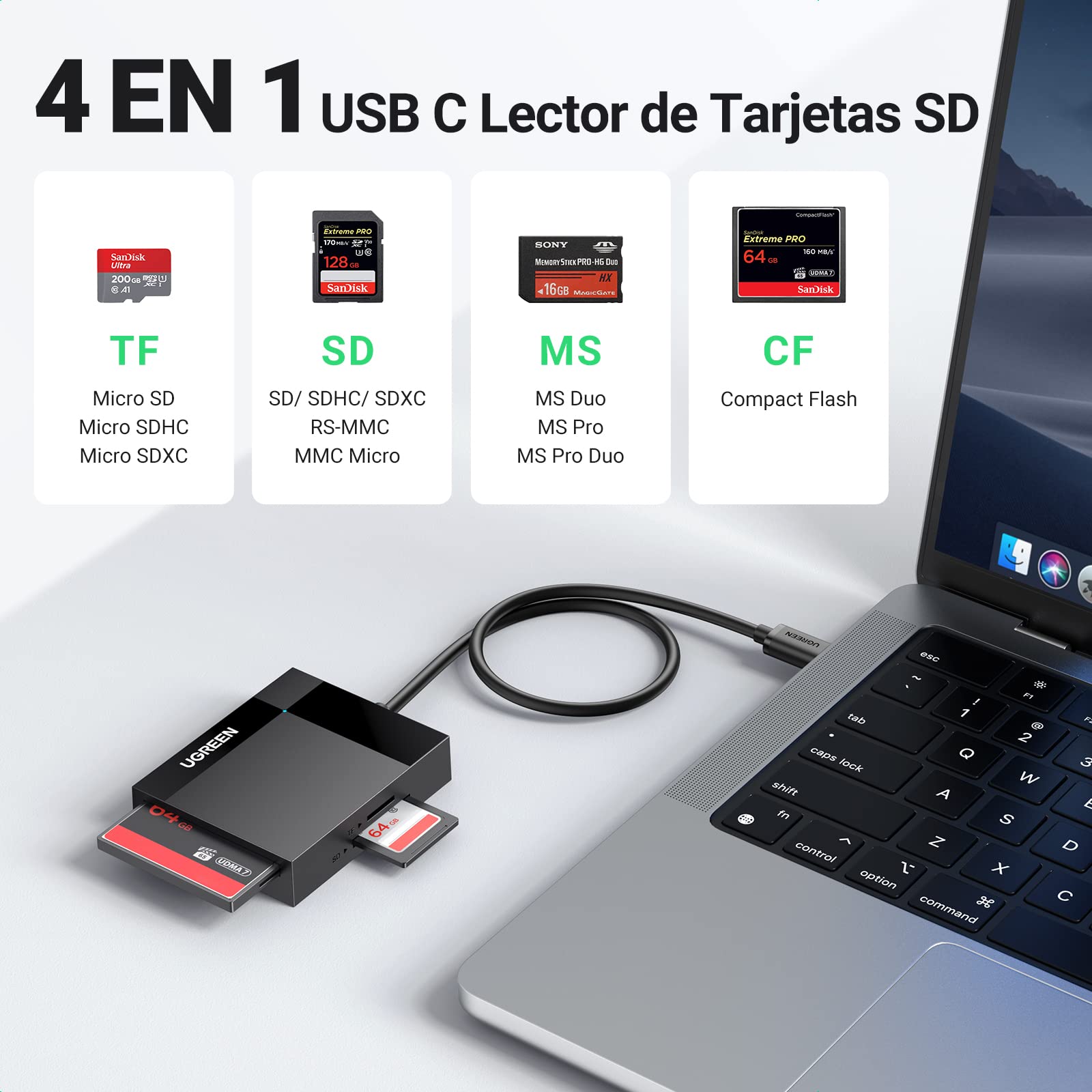 UGREEN USB C Lector de Tarjetas SD Micro SD CF MS 4 en 1 Adaptador Tarjeta de Memoria Compact Flash Card Reader Compatible con iPhone 17 Pro MAX Air MacBook iPad Air Galaxy S23