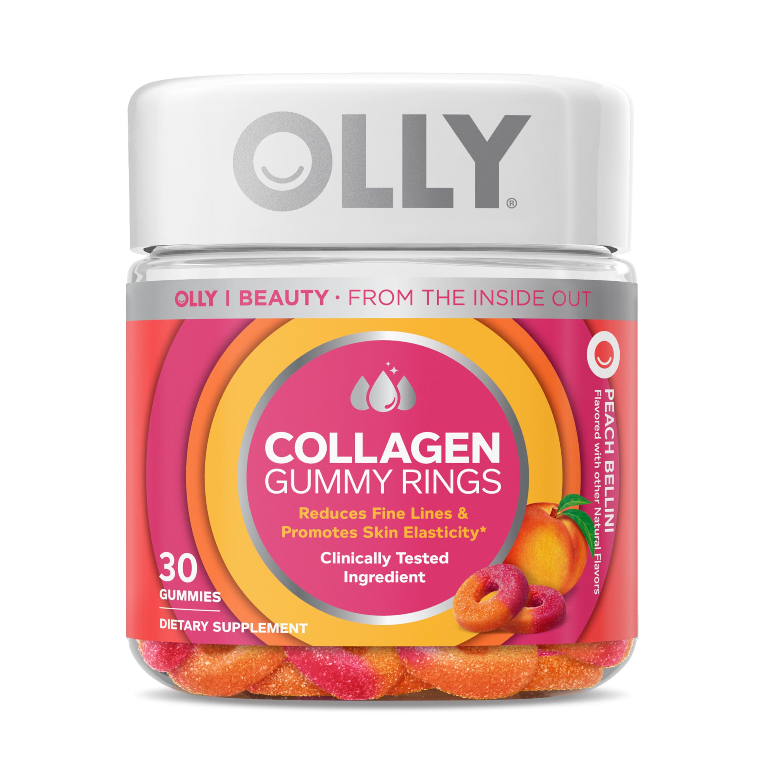 OLLY Collagen Gummy Rings, 2.5g of Clinically Tested Collagen, Boost Skin Elasticity & Reduce Wrinkles, Adult Supplement, Peach Flavor, 30 Count
