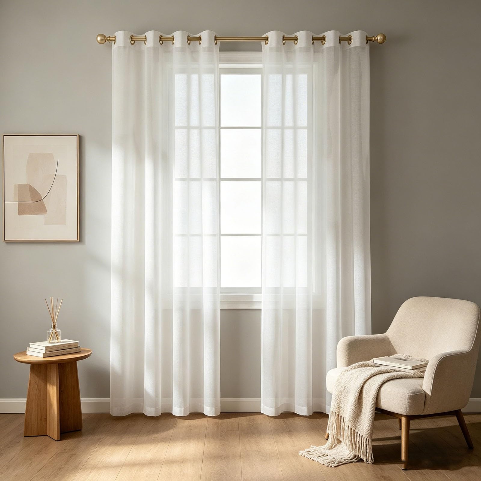 HOKXUAN Semi Transparent Eyelet Sheer Curtain 155 x 210 cm Soft Texture Linen Look Curtain with Pencil Pleat Sheer Natural Voile Panel for Living Room, White