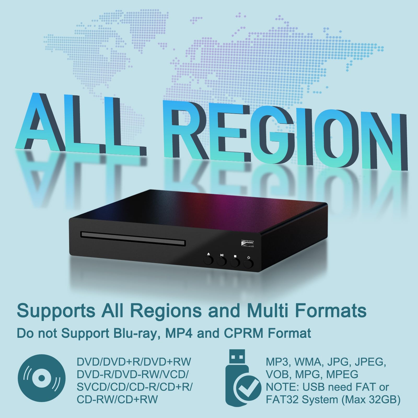 Odtwarzacz DVD, odtwarzacz HDMI DVD do telewizora z mikrofonem i wejściem USB, odtwarzacz dysków wszystkich regionów, obsługuje system NTSC/PAL HD 1080P z kablem HDMI i AV oraz pilotem zdalnego