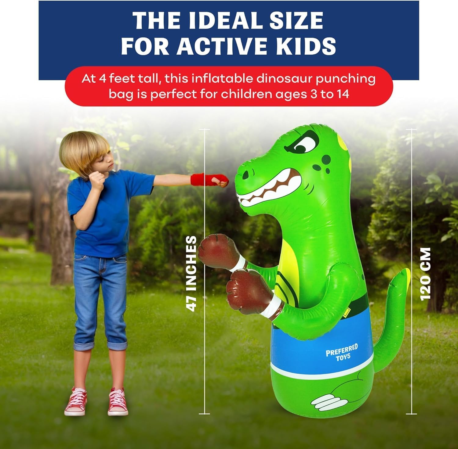 Preferred Toys 47" Inflatable Dinosaur Punching Bag for Kids - Durable Blow Up Kids Punching Bag with Bounce Back Base - Inflatable Indoor Outdoor Active Toddler Bop Play Toy image 2