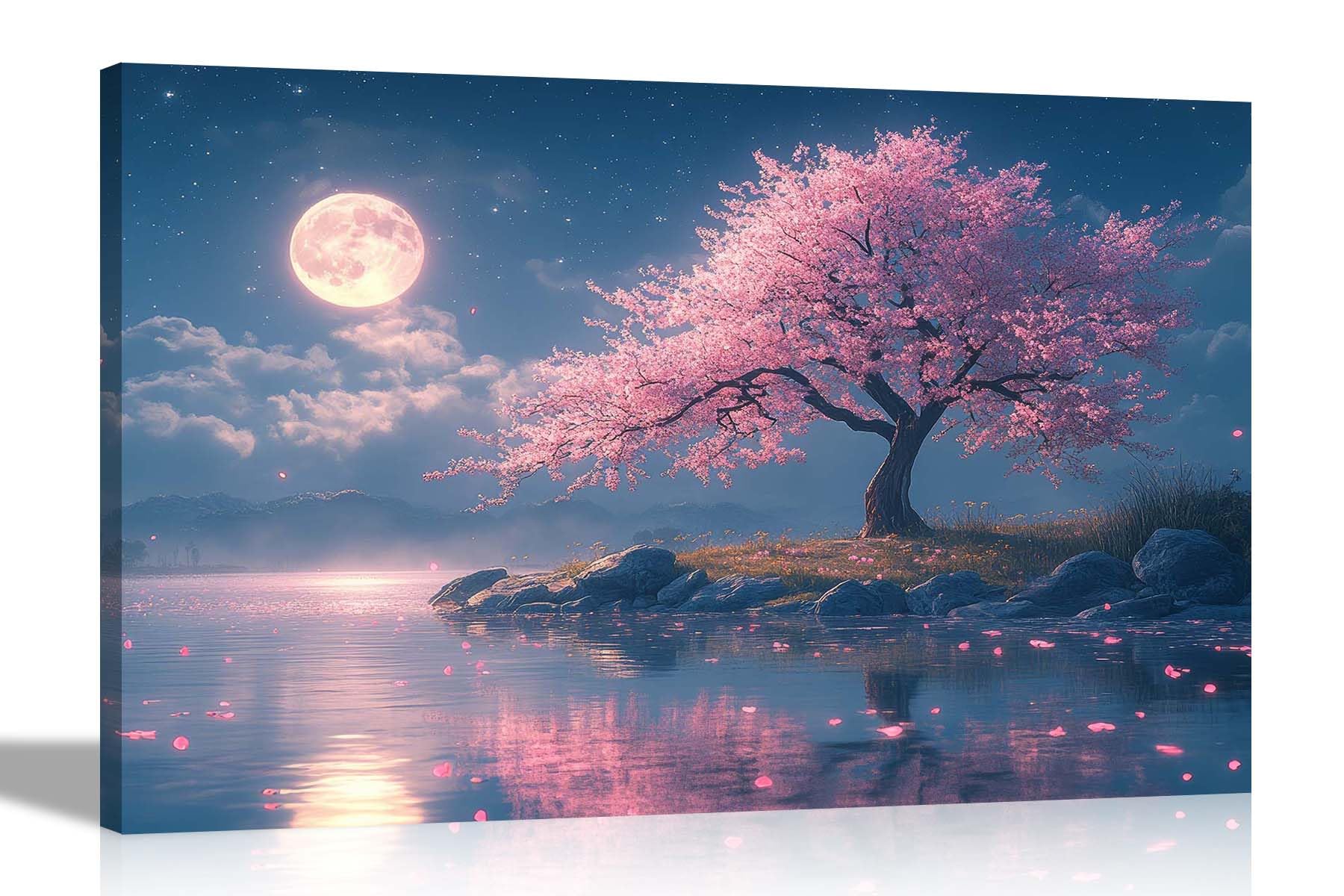 Artley Prints - Lake Mountain Pink Tree Full Moon Canvas Prints Landscape Wall Art for Living Room Hallway Bedroom Home Office 30 x 20cm (12 x 8 inches) A4