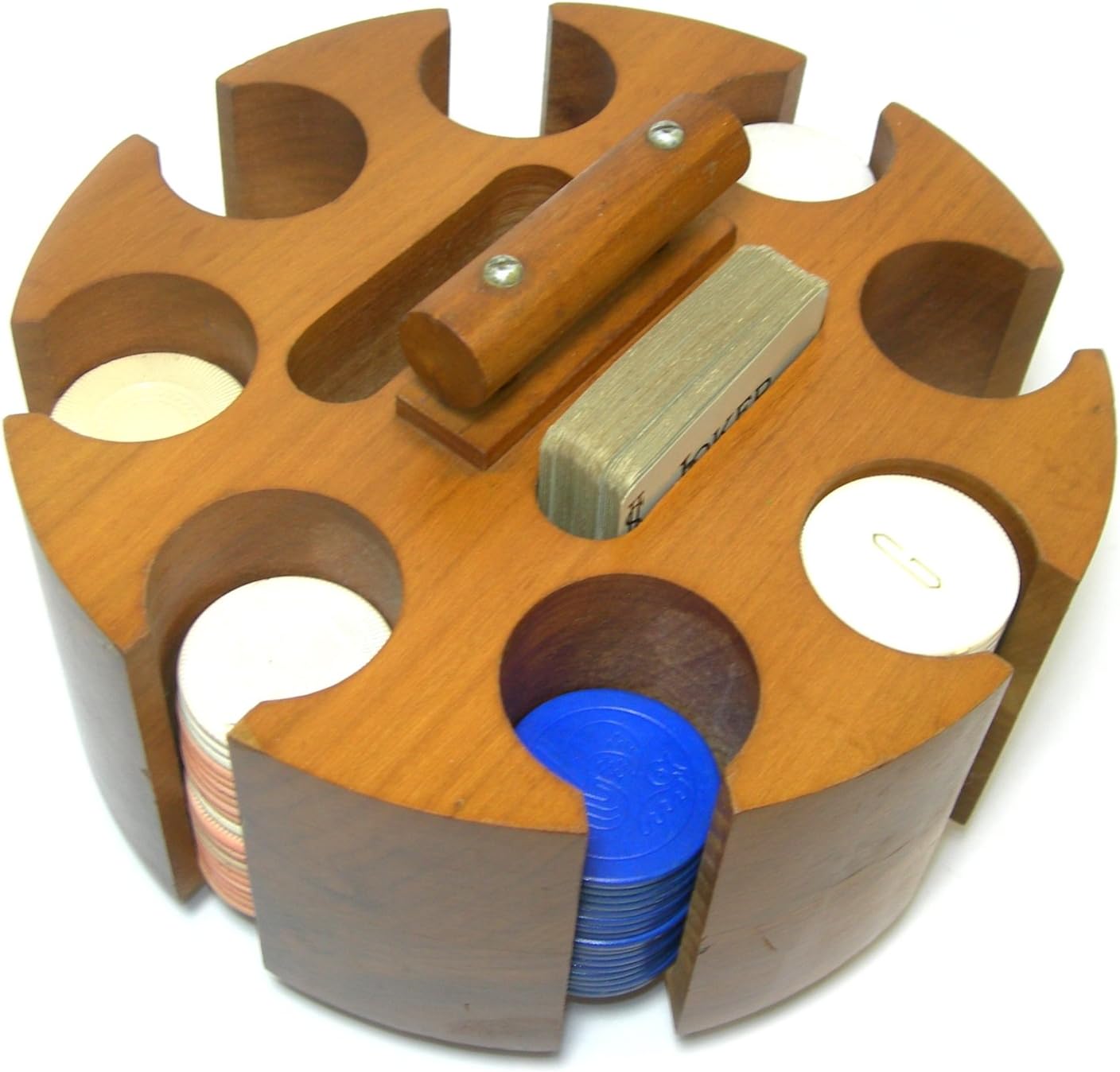 Vintage Wooden Poker Chip Carousel, 153 Assorted Chips