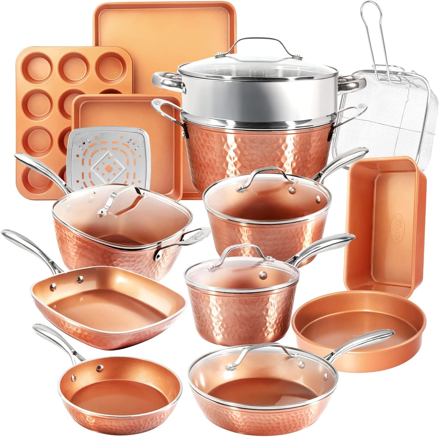 Hammered Copper Collection – 20 Piece Premium Pots and Pans Set Nonstick Ceramic Cookware + Bakeware Set for Kitchen, Induction/Dishwasher/Oven Safe, Healthy and Non Toxic