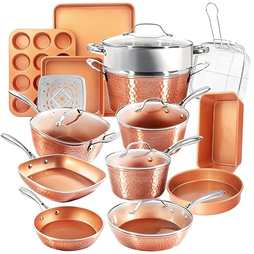 Gotham Steel Hammered Copper Collection – 20 Piece Premium Cookware & Bakeware Set with Nonstick Copper Coating, Includes Skillets, Stock Pots, Deep Square Fry Basket, Cookie Sheet and Baking Pans