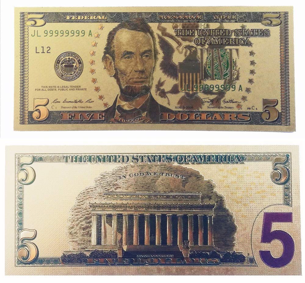 Beautiful COLOURISED 24K Gold Plated Embossed $5 Bill Dollar BANKNOTE