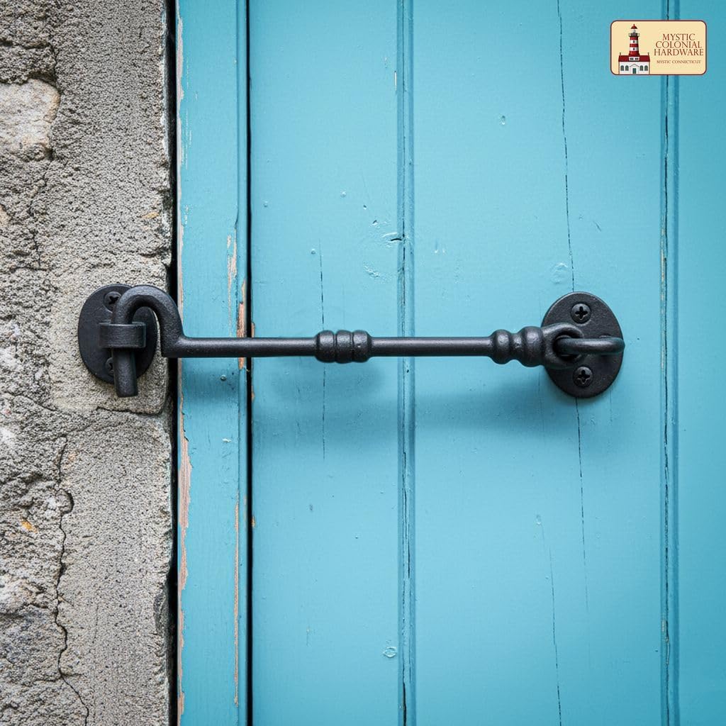 Mystic Colonial Medieval Cast Iron Hook and Eye Latch Set of 2 | (1 in x 8 in) Rustic Black Door & Gate Latches | Heavy Duty Antique Hardware with Mounting Screws | Vintage Farmhouse & Barn Door Lock