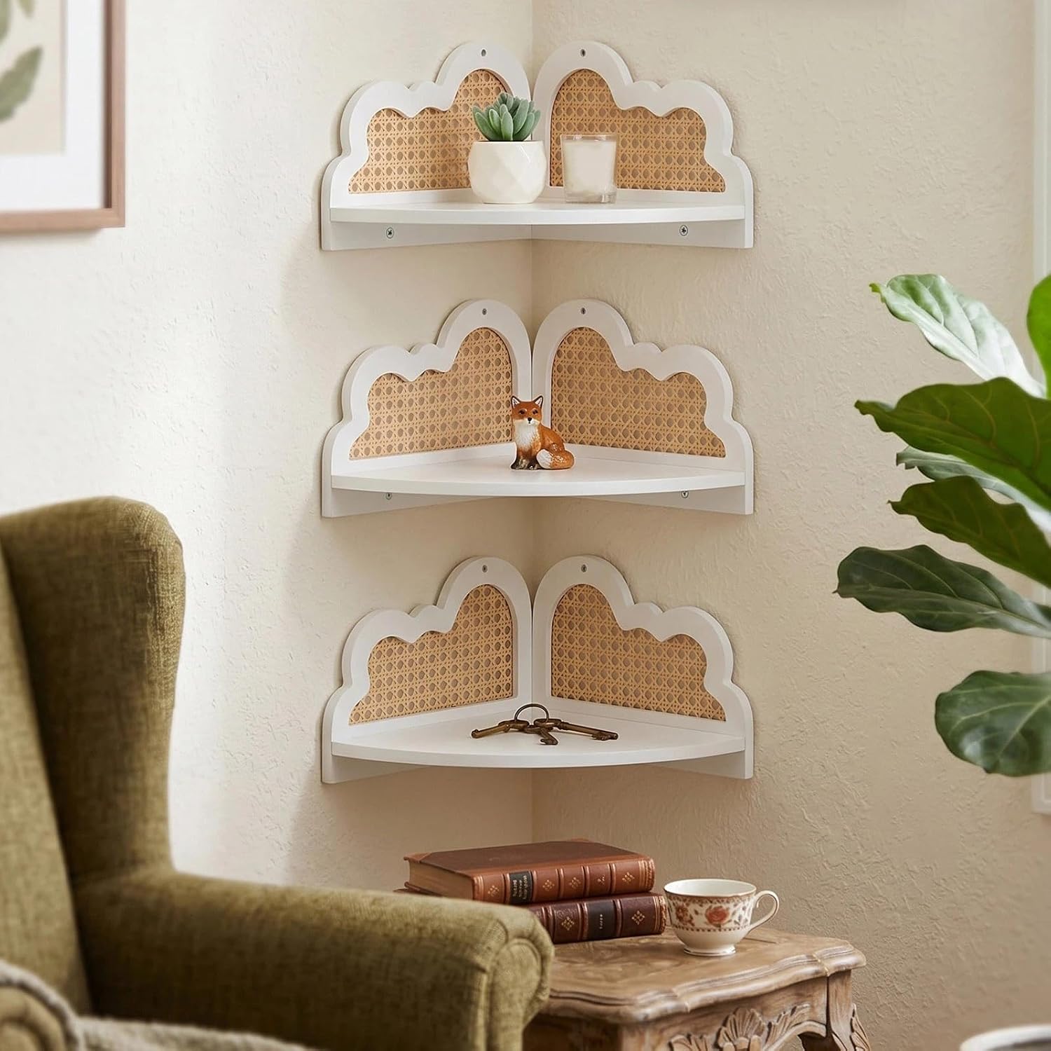 3 Pcs Cloud Floating Corner Shelf Set Boho Rattan Storage with Natural Pine Wood Frame Cute Corner Shelves for Wall Home Decor Bedroom Kitchen Bathroom (White)
