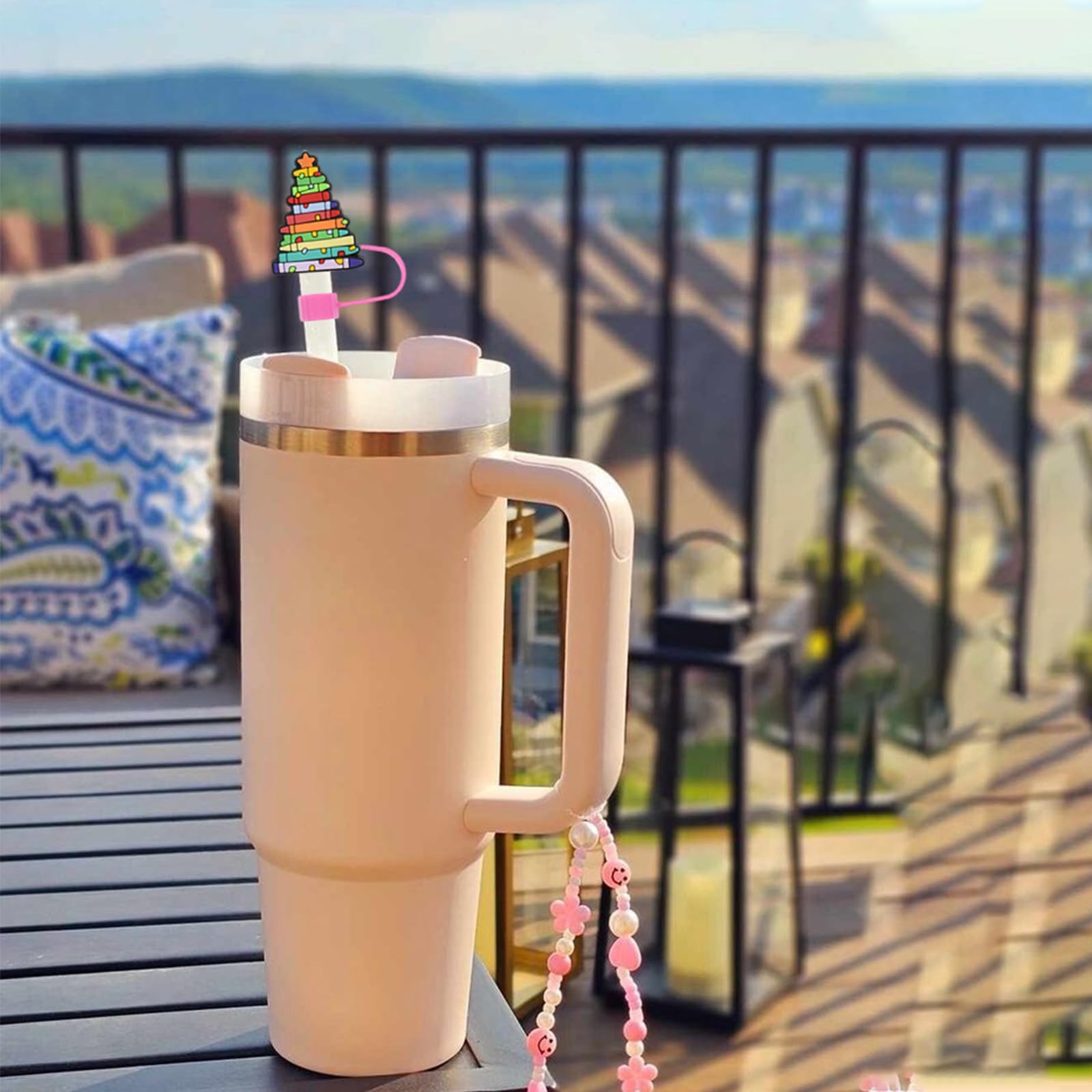 8pcs Christmas Straw Cap - Xmas Pink Series PVC 10MM 0.4in Straw Cap Topper Cute Reindeer Gingerbread Man Skeleton Designs Straw Cap Drinking Cover for Christmas Decorations