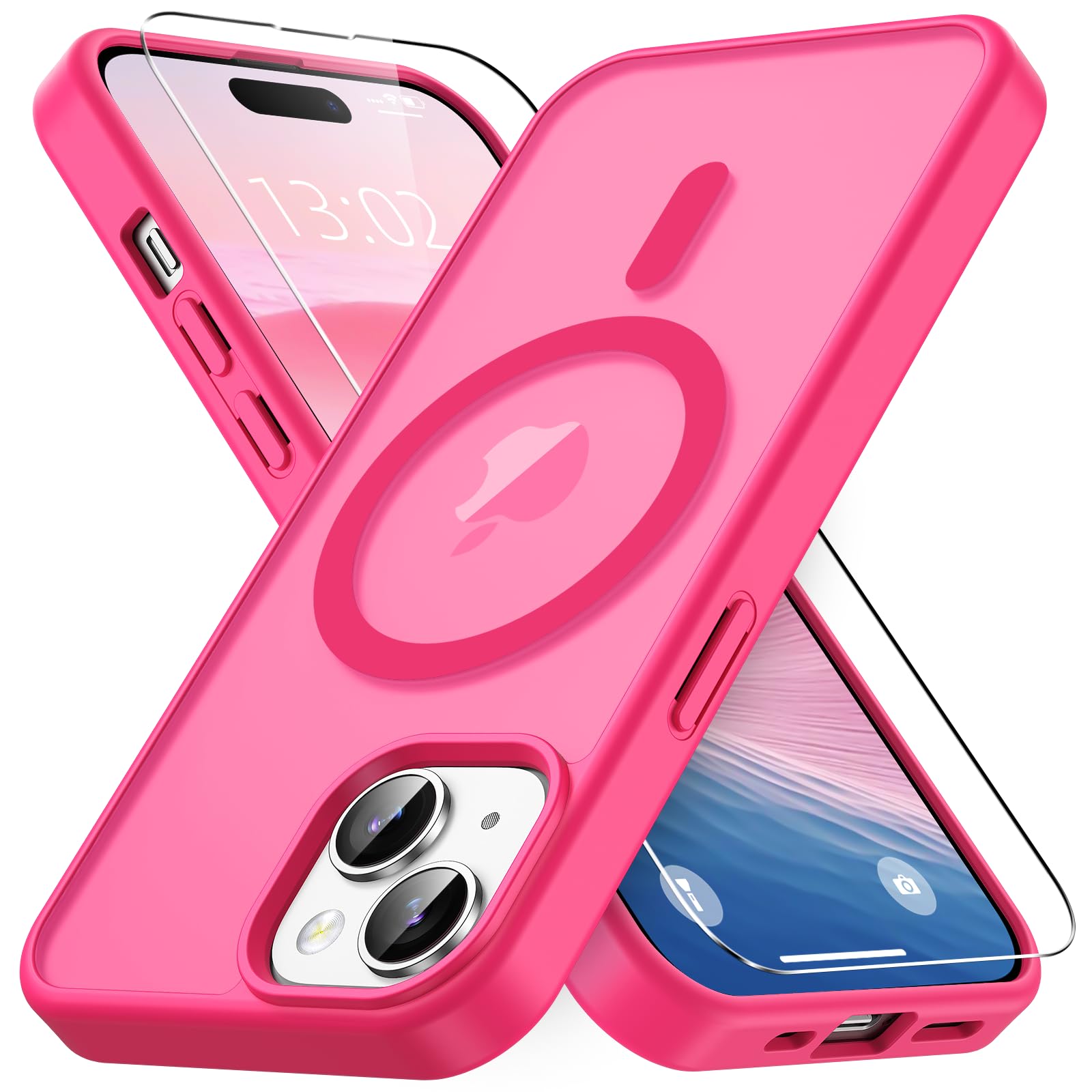 Vansdon Cover Magnetica per iPhone 15 con 1 Pezzi Vetro Temperato, Compatibile con Magsafe, Protezione anticaduta di livello militare, Custodia Traslucida Opaca Sottile Antiurto-Rosa shocking