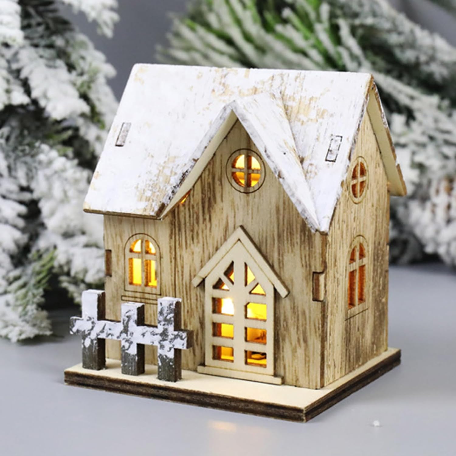 Christmas House Figurine Village Wood Ornament Exquisite Design for Delightful Display LED Light Ornament Tabletop Decoration