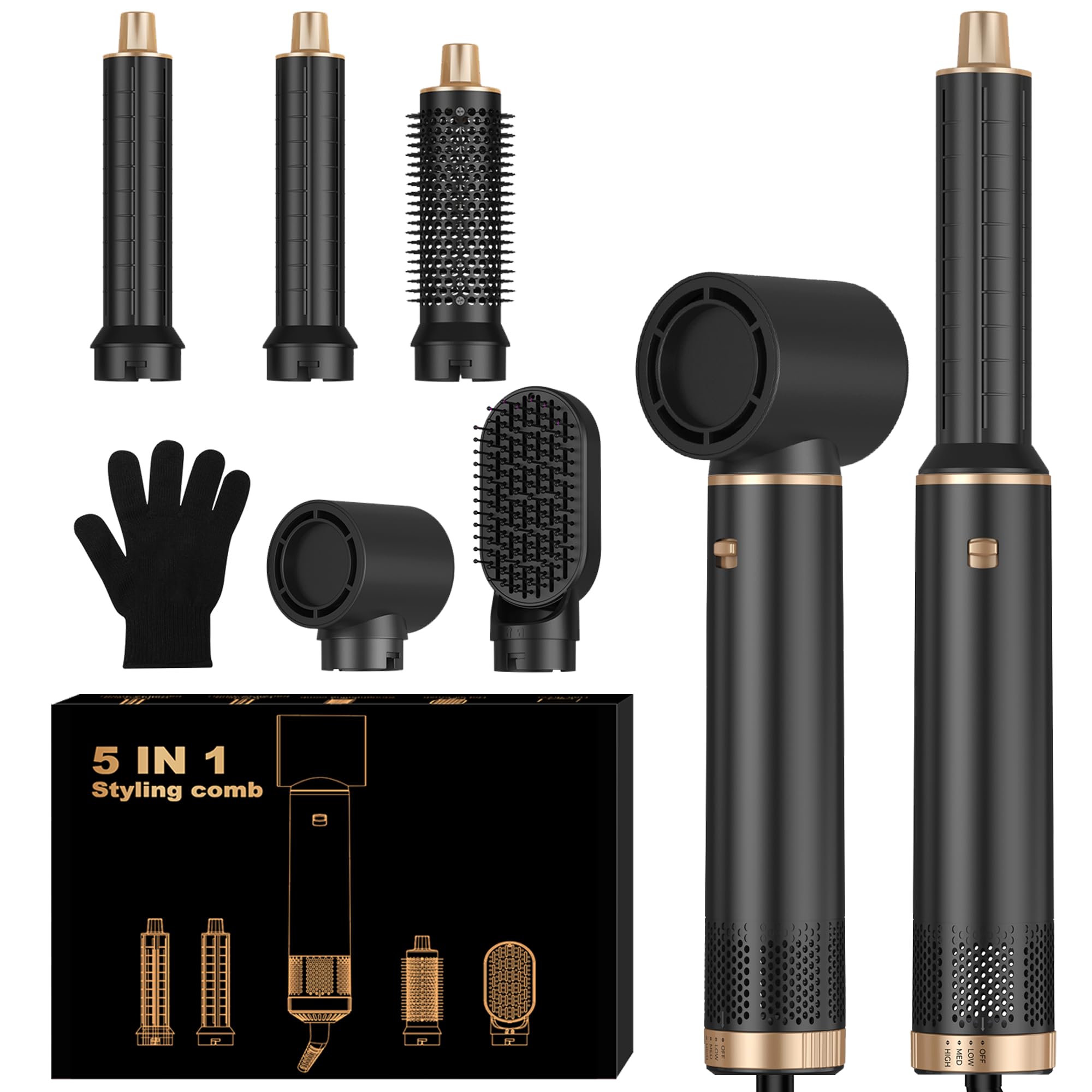 UKLISS Secador 5 en 1, Hair Styler Moldeador de Pelo con Cepillo Aire Caliente, Alisadores de Pelo, Rizador Pelo Automatico, Secador Pelo Rizado, Hair Dryer Airstyler Regalos para Styling -Negro