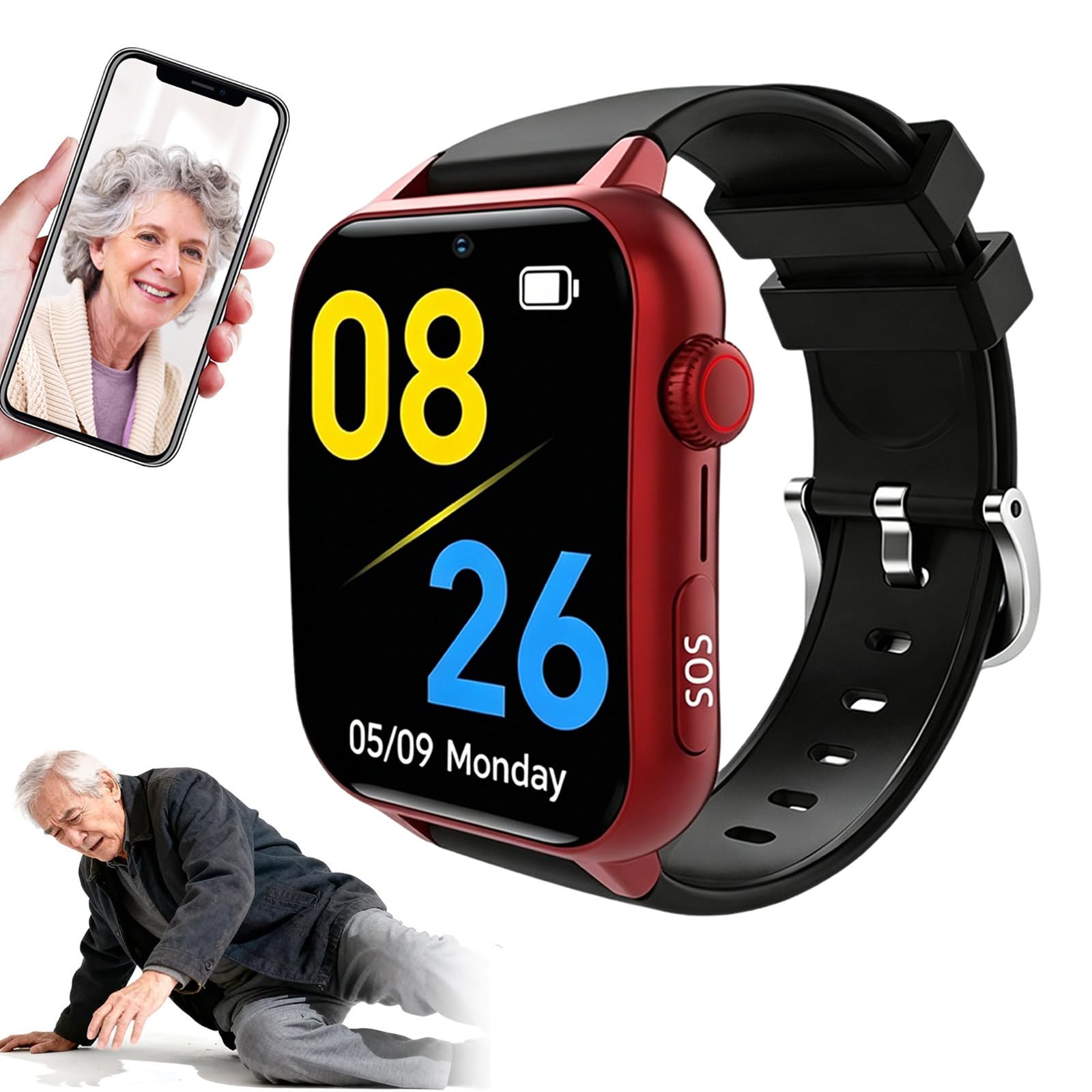 Smartwatch Senioren, SOS Notruf, HD Videoanruf Gesundheitsüberwachung, 1,83-Zoll-HD-Bildschirm IP67 Wasserfest, SIM Karte Erforderlich für Alzheimer Red